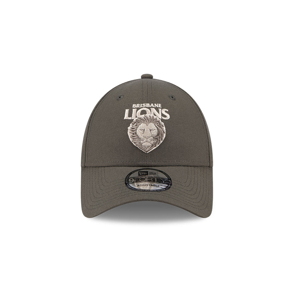 Brisbane Lions Hat - AFL 2025 Dusty Charcoal Grey 9Forty Strapback Cap - New Era
